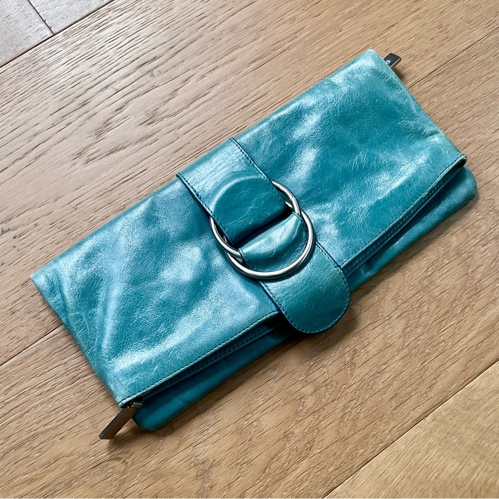 VTG Hobo International Teal Leather Foldover Clutch Y2K Boho Ring Handle Bag EUC